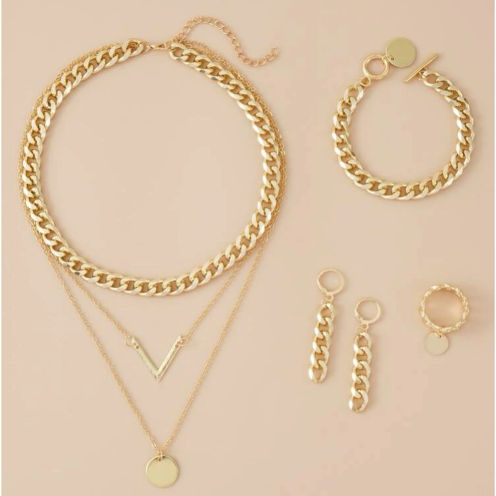 Gold Chunky 'Carrie' Chain Link Layering Set-Necklace, Earrings, Ring, B… - Picture 3 of 6